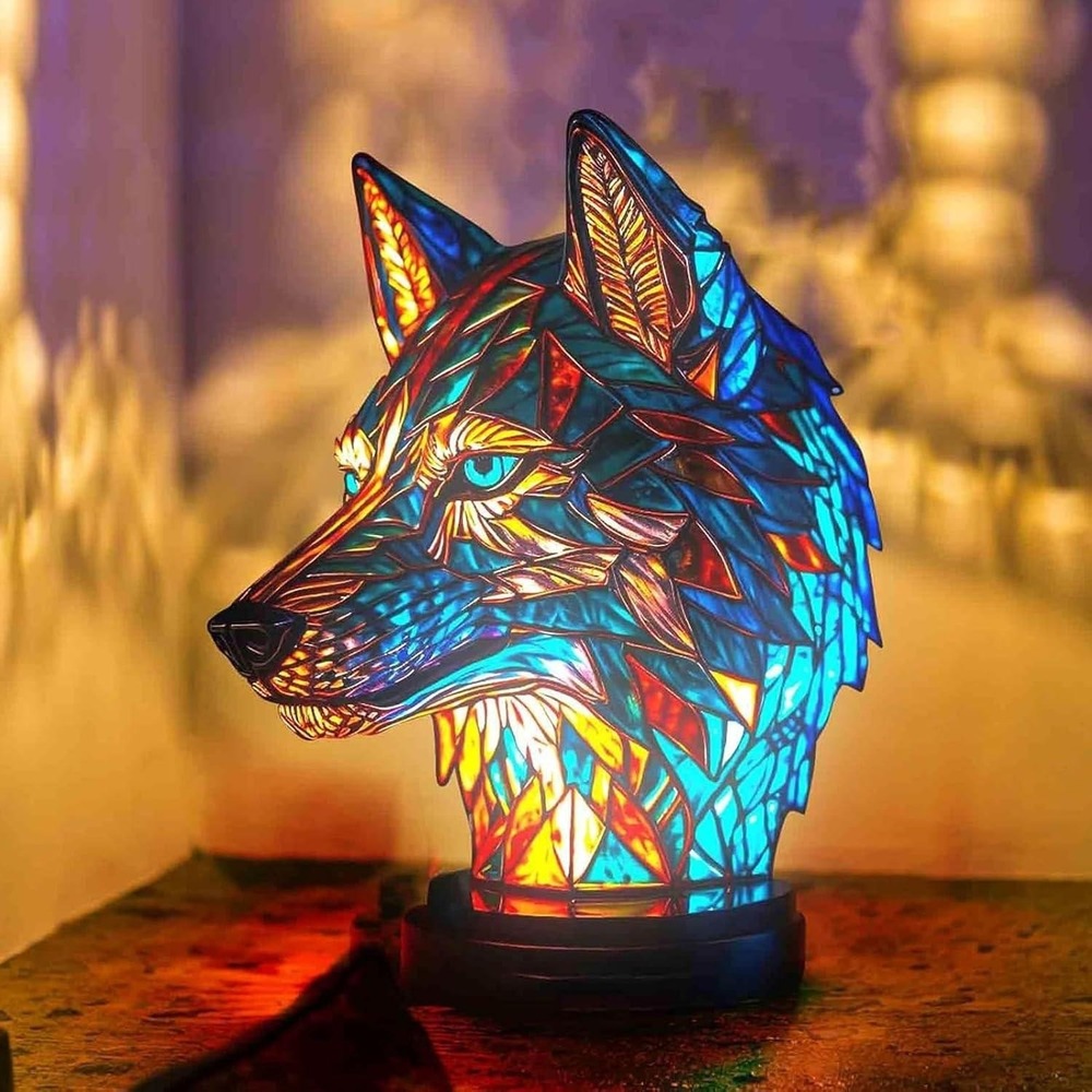 Stained Glass Style Wolf Head Table Lamp Mosaic Wildlife Accent Light 5.9in